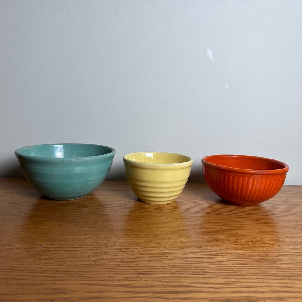 Ceramic Mismatched Nesting Mixing Bowl Set Teal Orange Yellow Vintage Kitchen